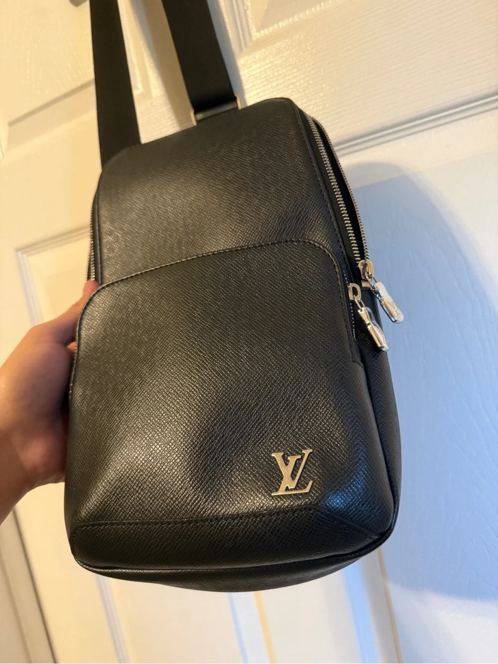 Louis Vuitton Black Leather Sling Belt Bag with Silver LV Emblem
